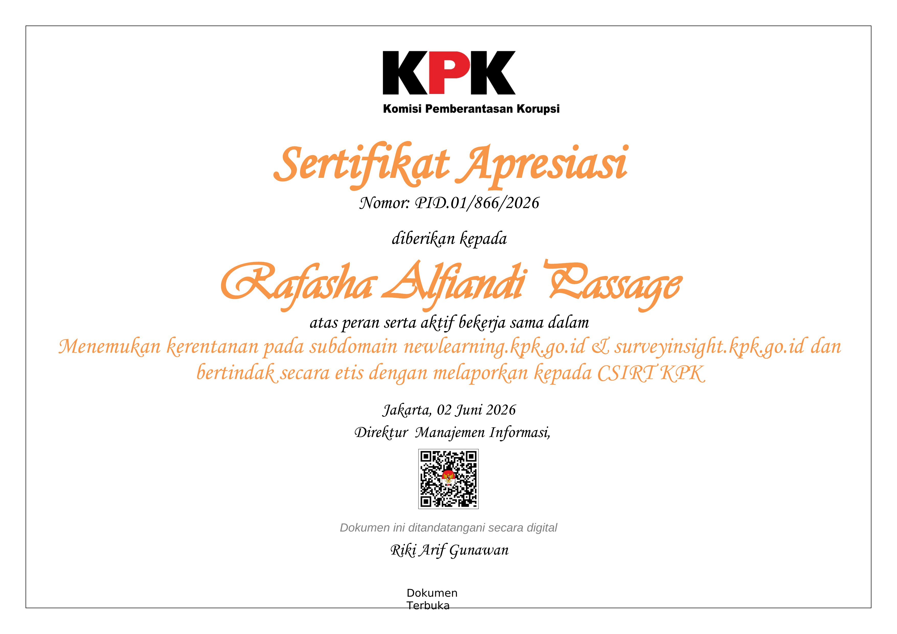 Sertifikat Apresiasi Nomor PID.01/866/2026 untuk Rafasha Alfiandi Passage